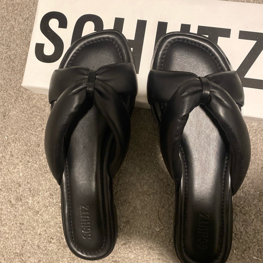Schutz Black Sandals Fairy Leather Flats - Picture 2 of 5